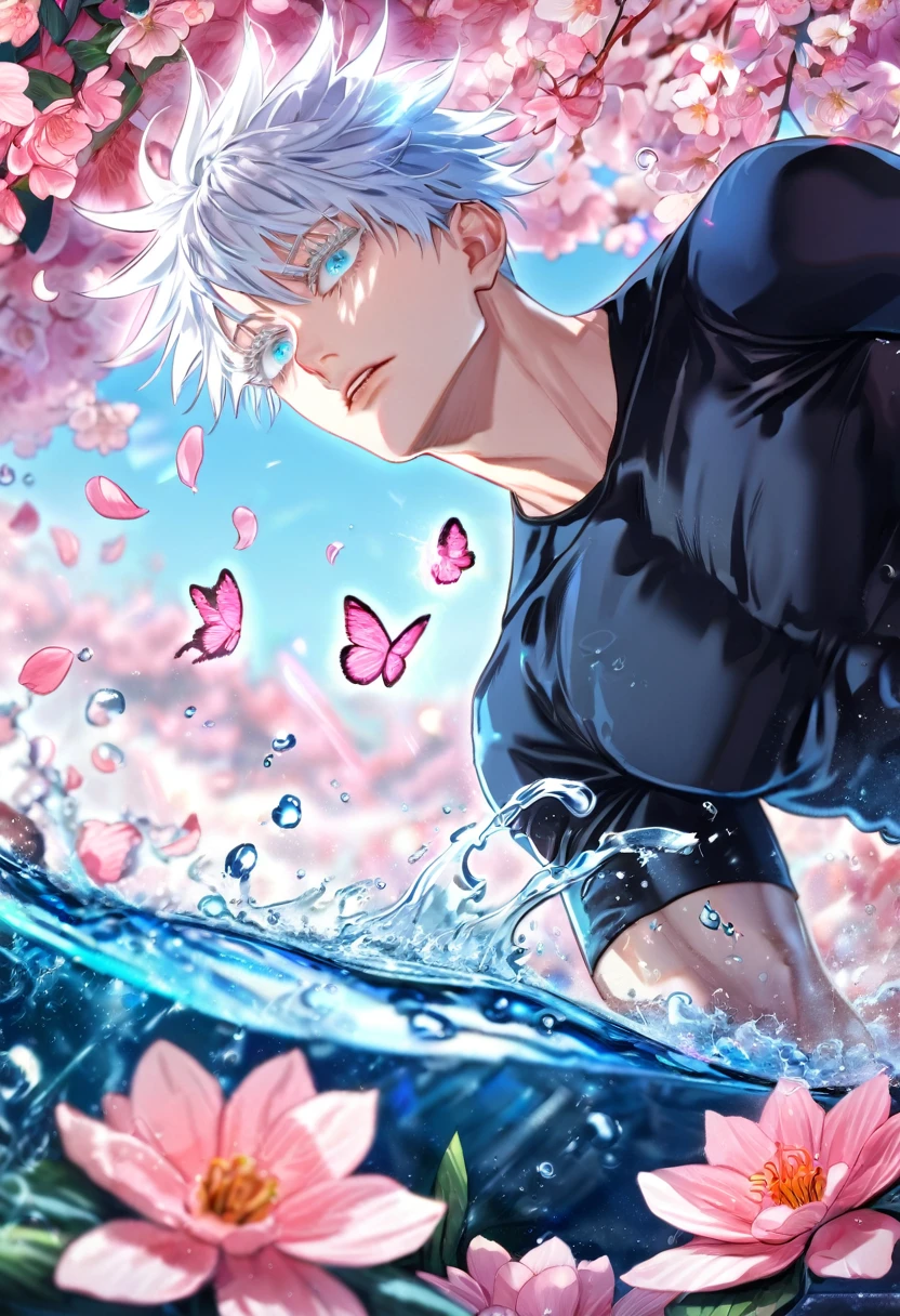 Absurd, High resolution, Super detailed, High resolution, masterpiece, Highest quality, gojou satora, Lift your bangs,Gray Hair, Expressive blue eyes, White eyelashes, JUJUTSU KAİSEN, Black tight t-shirt, alone, Sexy man, good looking, Fantasy, The Shining, water, Blue flowers, White flower, Pink butterfly, Pink petals