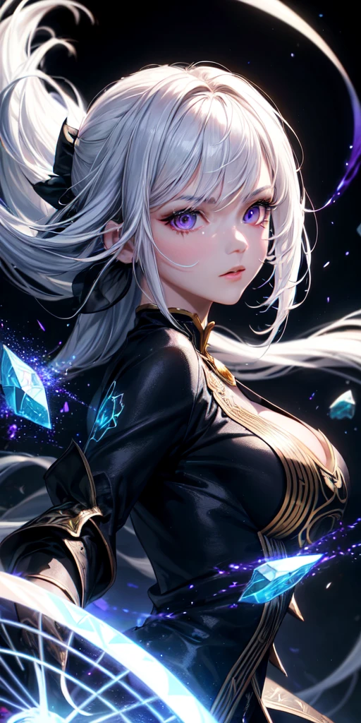 (masterpiece, best quality, ultra-detailed, best shadow), (detailed background,dark fantasy), (beautiful detailed face), high contrast, (best illumination, an extremely delicate and beautiful), ((cinematic light)), colorful, hyper detail, dramatic light, intricate details, (1girl, solo,white hair, sharp face,purple eyes, hair between eyes,dynamic angle), blood splatter, swirling black light around the character, depth of field,black light particles,(broken glass),magic circle,