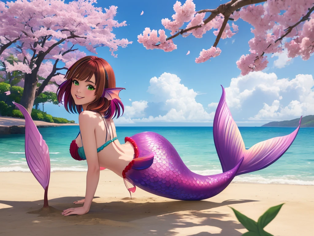 masterpiece, best quality:1.2), 1girl, smile, looking at viewer, green eyes, short brown multicolored hair, mermaid, mermaid girl, wearing purple seashell bra, laying on beach, colorful mermaid tail, outdoors, head fins, fin ears, under cherry blossoms