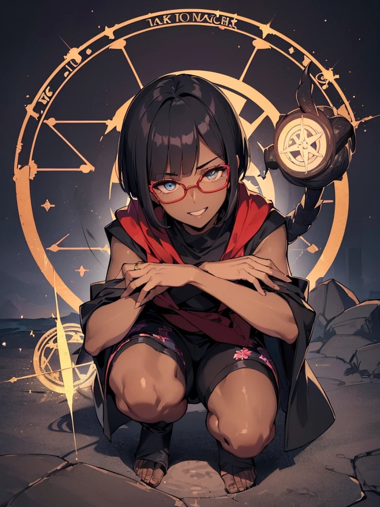 (flat chest), (masterpiece:1.2), highest quality, High resolution, unity 8k wallpaper, (fine and beautiful eyes:1.6), highly detailed face, perfect lighting, Detailed CG, (perfect hands, perfect anatomy), (1 boy solo:1.4), 20 years old, black hair, extremely beautiful detailfeminine face and eyes, (evil smile:1.4), detailed eyes, best quality,( dark skin:1.8), (turtleneck shirt under yukata:1.2), (bike shorts:1.2), extremely detailed, very precise detailed, (glasses:1.3), blunt bangs, open mouth, (very short pixie cut:1.2), boots,fingerless gloves, smile, (half closed eyes:1.3) ,(squat in magic circle on ground:1.1) ,night sky,long sidelocks,(long red Scarf),(yukata),(squatting),(squat:1.3),(one knee dwon:1.5),(Put one foot in front:1.3),(stylish pose:1.4),(Raise only index finger:1.1),(spread arms:1.2), (1990s \(style\)),(in magic circle on ground only:1.3),(from above:1.2),(open magic scroll by both hands:1.4),(have magic scroll:1.3)