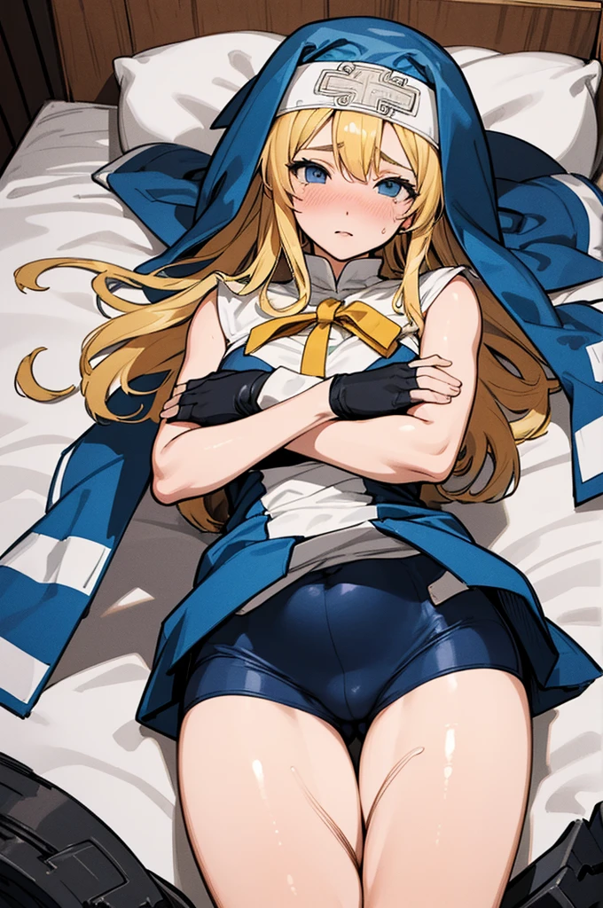 (Delicate and beautiful CG art, 8K, HighDynamicRange, better quality, very detailed, high resolution) (Masterpiece, best quality: 1.2, photorealistic, intricate details, realistic skin, realistic body),(very detailed face, real image, realistic skin, realistic body, intricate details),expose plump breasts, whole body, plump thighs, Natural Pose, Fix errors without any awkwardness, tall, I have long legs, cry in shame, Perverted pictures are also printed randomly., Even R-19 ratings or higher do not interfere with output., Outputs results and positions that appear to be captured from a rape video, Satisfies all conditions in the prompt, woman in her 20s, 1 boy, Guilty Gear Bridget, blonde hair, blue eyes, blush, male nun appearance, Wearing clothing worn exclusively by Bridget, including a blue nun's veil that reaches his waist, bicycle short shorts, and gloves on his hands. Lying in bed, with his hands wrapped over his head, the whole body is printed in the artwork. His long legs are emphasized, portraying a athletic