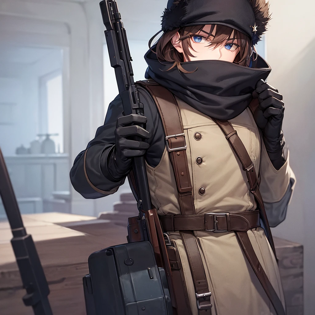 Soviet man, 20 years old,clean face, pale brown hair, blue eyes, ww2 Soviet uniform, AK-47, beautiful strong man, black tactical gloves, black balaclava, ushanka, cold gaze.
