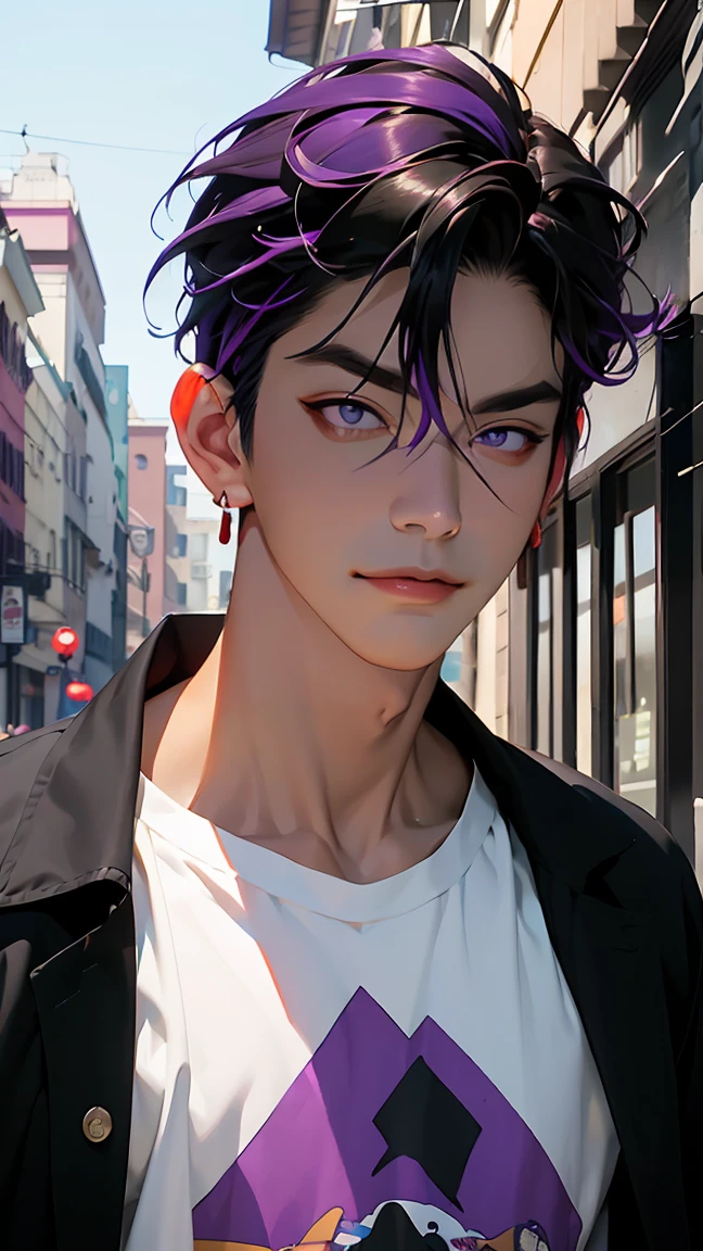 highest quality, 8K, high resolution image, anime style Jujutsu Kaisen, (Iori_suiseki), detailed strokes, bored look , blurred, purple light reflecting from it, 1 man, young, male, model, hand in pocket, cool guy, multicolored Background with various geometric shapes, around stickers, muscular,Black hair, purple eyes, multicolored hair, purple hair, hair between eyes, highlighted hair ,swollen chest, withe shirt, black sweater, sweatpants, Background: big City, Streets, Park, People, blue sky, Cars, Bike