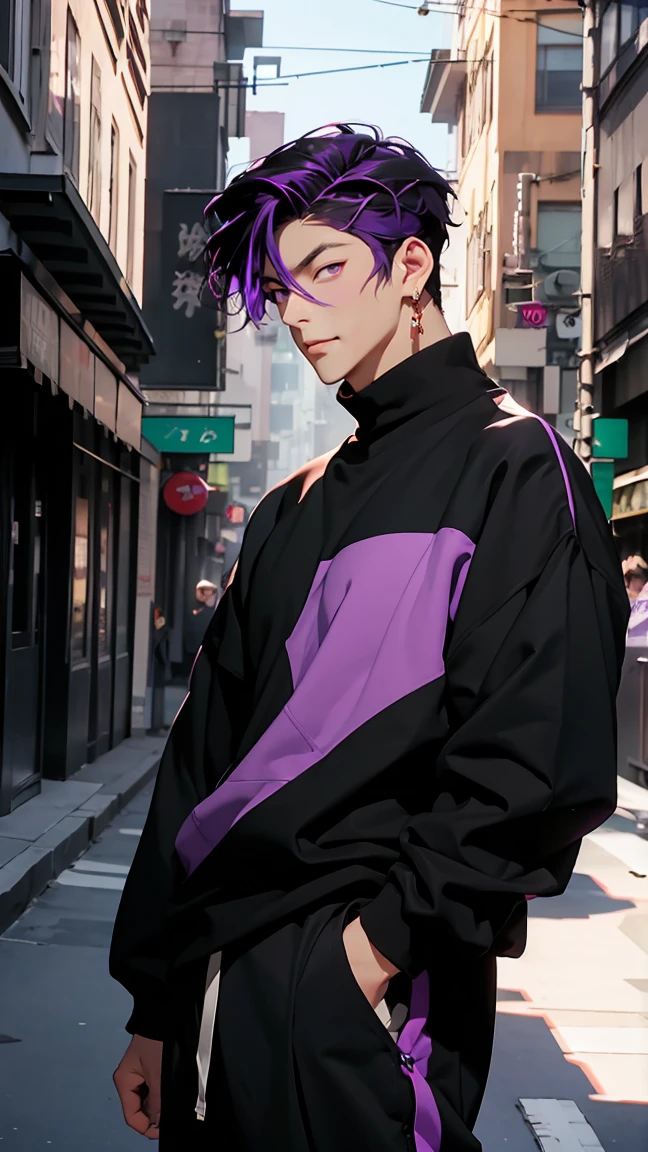 highest quality, 8K, high resolution image, anime style Jujutsu Kaisen, (Iori_suiseki), detailed strokes, bored look , blurred, purple light reflecting from it, 1 man, young, male, model, hand in pocket, cool guy, multicolored Background with various geometric shapes, around stickers, muscular,Black hair, purple eyes, multicolored hair, purple hair, hair between eyes, highlighted hair ,swollen chest, withe shirt, black sweater, sweatpants, Background: big City, Streets, Park, People, blue sky, Cars, Bike