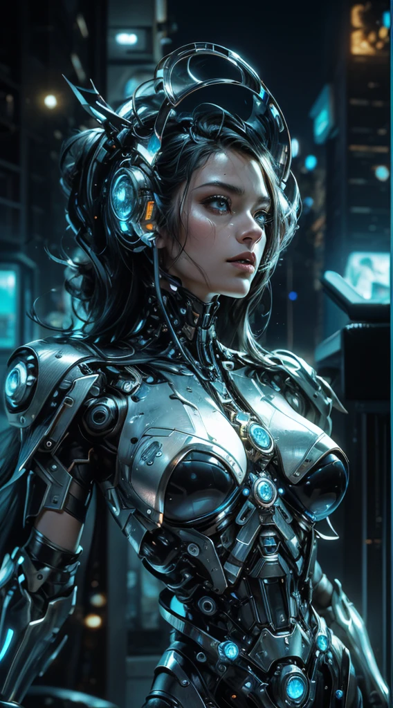 unreal engine:1.4,UHD,The best quality:1.4, fotorrealist:1.4, skin texture:1.4, Masterpiece:1.8,A mechanical girl of the future,shiny metal,Brilliant robotic movements,ethereal,futuristic tech,Advanced artificial intelligence,Cityscape illuminated with neon lights,Metal exoskeleton,highly detailed facial features,bright LED eyes,Meticulously crafted faux leather,Extravagant futuristic fashion,floating above the ground,Exploring the urban landscape,futuristic tech,Exquisite craftsmanship,Metal limbs with intricate designs,Seamless integration of humans and machines,surrealist,Otherworldly atmosphere,Utopian cityscape in the backdrop,Advanced weaponry integrated into its body,emitting a soft and vibrant glow,Expressive and captivating look,Superhuman strength and agility,Adopt a posture of confidence and power,High-resolution portrait with vibrant colors and intricate details,Awesome,Stunning works of art. (The best quality,4k,8k,High Resolutions,Masterpiece:1.2),ultra detailed,(realist,fotorrealist,fotorrealist:1.37),HDR,UHD,Studio lighting,ultrafine paint,sharp focus,physically based representation,extreme detail description,professional,vivid colors,bokeh,portraits,conceptual artists