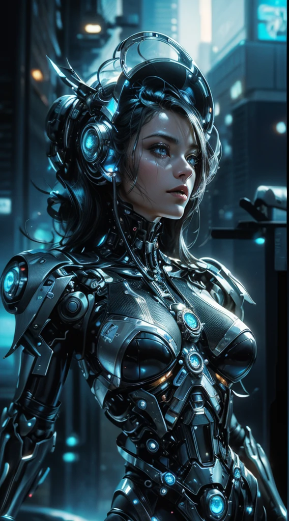 unreal engine:1.4,UHD,The best quality:1.4, fotorrealist:1.4, skin texture:1.4, Masterpiece:1.8,A mechanical girl of the future,shiny metal,Brilliant robotic movements,ethereal,futuristic tech,Advanced artificial intelligence,Cityscape illuminated with neon lights,Metal exoskeleton,highly detailed facial features,bright LED eyes,Meticulously crafted faux leather,Extravagant futuristic fashion,floating above the ground,Exploring the urban landscape,futuristic tech,Exquisite craftsmanship,Metal limbs with intricate designs,Seamless integration of humans and machines,surrealist,Otherworldly atmosphere,Utopian cityscape in the backdrop,Advanced weaponry integrated into its body,emitting a soft and vibrant glow,Expressive and captivating look,Superhuman strength and agility,Adopt a posture of confidence and power,High-resolution portrait with vibrant colors and intricate details,Awesome,Stunning works of art. (The best quality,4k,8k,High Resolutions,Masterpiece:1.2),ultra detailed,(realist,fotorrealist,fotorrealist:1.37),HDR,UHD,Studio lighting,ultrafine paint,sharp focus,physically based representation,extreme detail description,professional,vivid colors,bokeh,portraits,conceptual artists