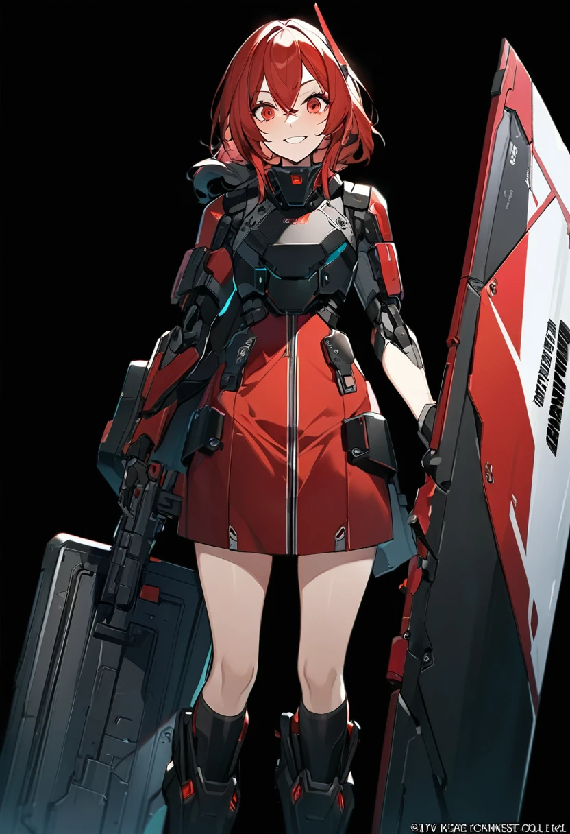 Anime-style girl in black and red outfit holding large shield, Cyberpunk Anime Girl Mecha, Wearing technical clothing, Amazing anime 8k, From Girls Frontline, Mechanized Soldier Girl, Special Assault Team, special forces, M4 Sopmod II Girls Frontline, Official character art, Kashert Kenz, Kshat Garland, ((short length red hair)), innocent, (cute), smiling, ((black background)), ((simple background)), ((holding super large shield)), ((Shield as tall as the owner's height)), ((small chest)), ((black long botoms)), , ((Kindness)), ((gentleness)), cheerful, Happy Smile,