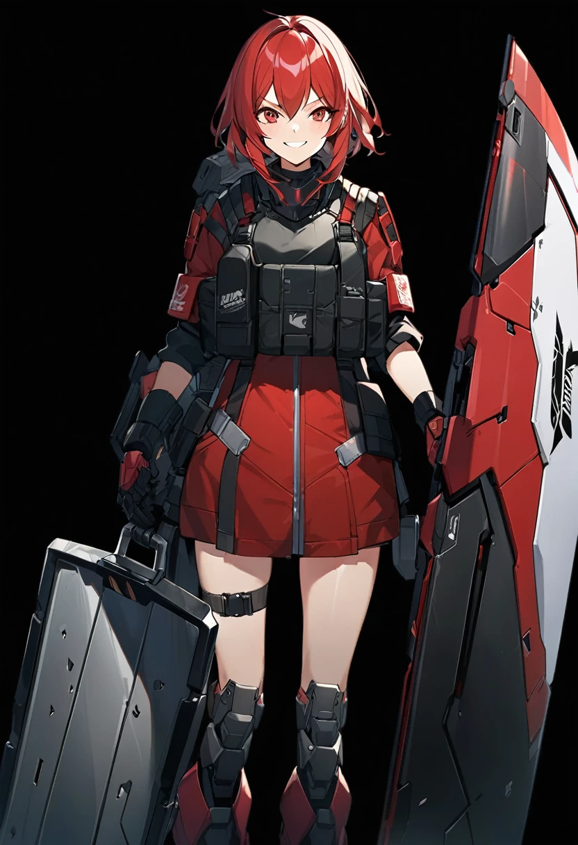 Anime-style girl in black and red outfit holding large shield, Cyberpunk Anime Girl Mecha, Wearing technical clothing, Amazing anime 8k, From Girls Frontline, Mechanized Soldier Girl, Special Assault Team, special forces, M4 Sopmod II Girls Frontline, Official character art, Kashert Kenz, Kshat Garland, ((short length red hair)), innocent, (cute), smiling, ((black background)), ((simple background)), ((holding super large shield)), ((Shield as tall as the owner's height)), ((small chest)), ((black long botoms)), , ((Kindness)), ((gentleness)), cheerful, Happy Smile,