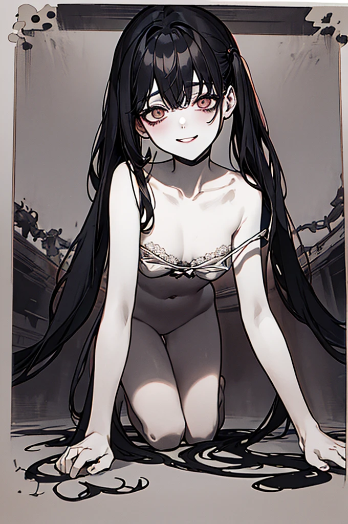 Highest quality, (Background details), Hollow Eyes, Approaching on all fours, (((Cunnilingus)))、whole body, Twin tails, View from below, (((naked)))、High Contrast, Super Beauty, Detailed original illustrations, Sensual, Delicate face, Charm, Bad boy, sexy, looking at the camera, Real breasts, Stalker, Crazy Smile, Pale skin, Bloodstained, Black Hair, Beautiful line art