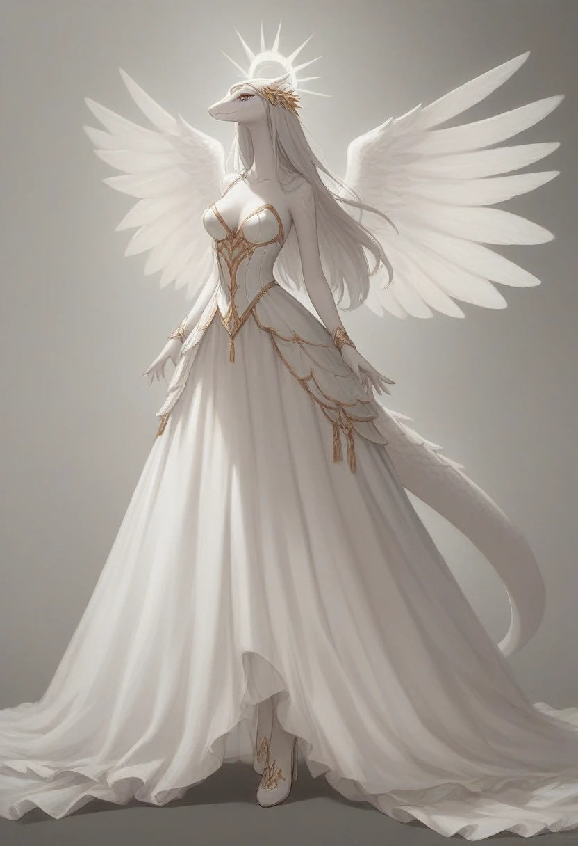 Magical silver scale dragon in a dress, lizardfolk with wings and halo