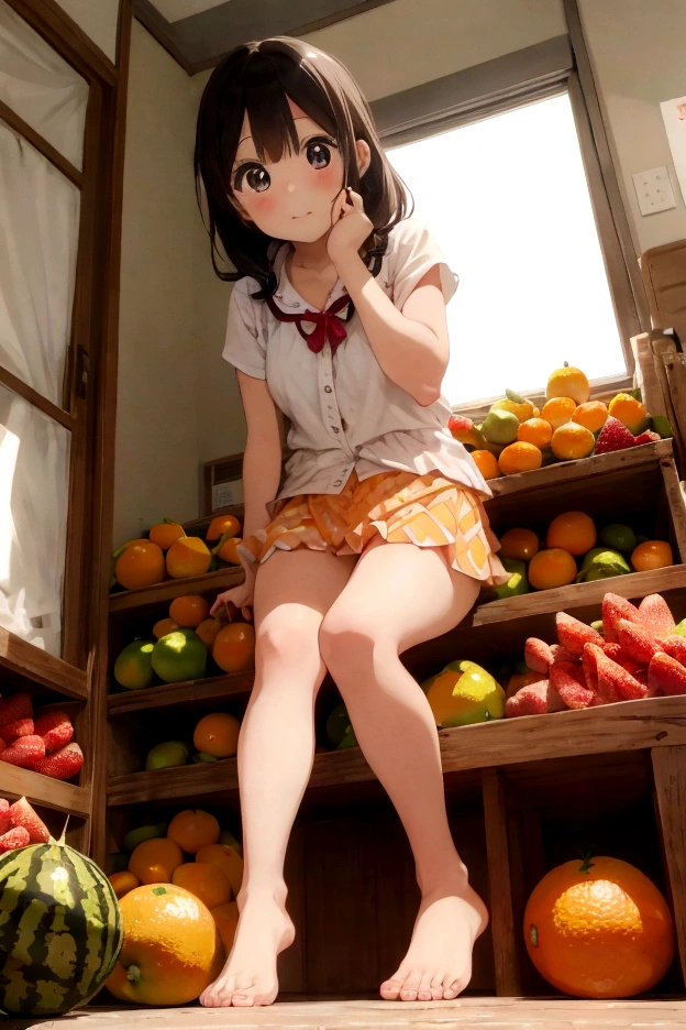 watermelon、mandarin orange、banana、strawberry、pineapple、melon、Grapeuscat、strawberryのブラとmandarin orangeの下着の***がフルーツたくさんのお風呂に浸かる、barefoot、