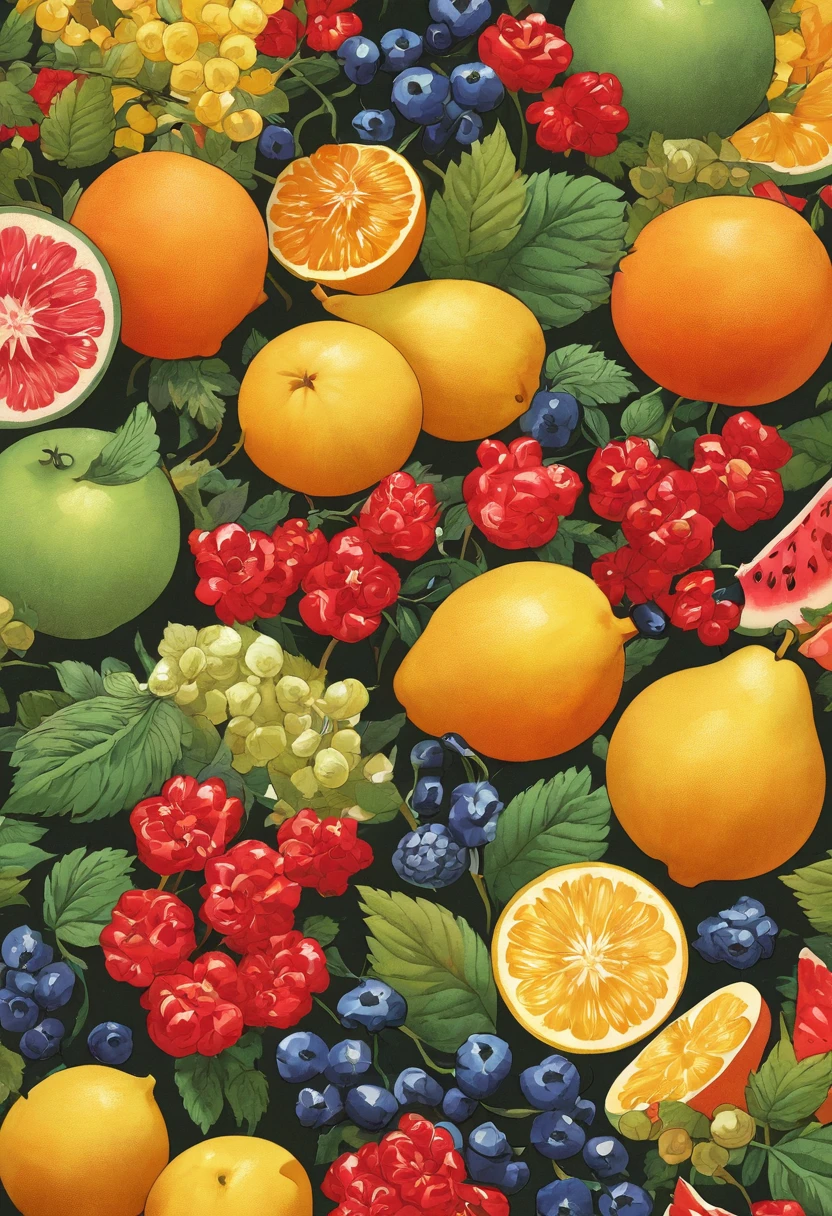 テーブルの上にはたくさんのfruitの絵があります, fruitと花, Full color illustrations, author：John Wernershott, made of fruitと花, 花とfruitでできた, fruit, full of colour w 1024, Full color digital illustration, author：Richard Mayhew, Official Art, In a detailed painting of gouache, cool illustration
