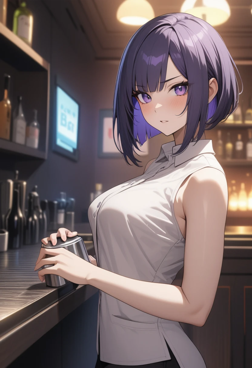 Adult Female, Black purple hair, slanted bob haircut, apathetic, perfect purple eyes cyberpunk bar, highly detailed, holding a bartender shaker