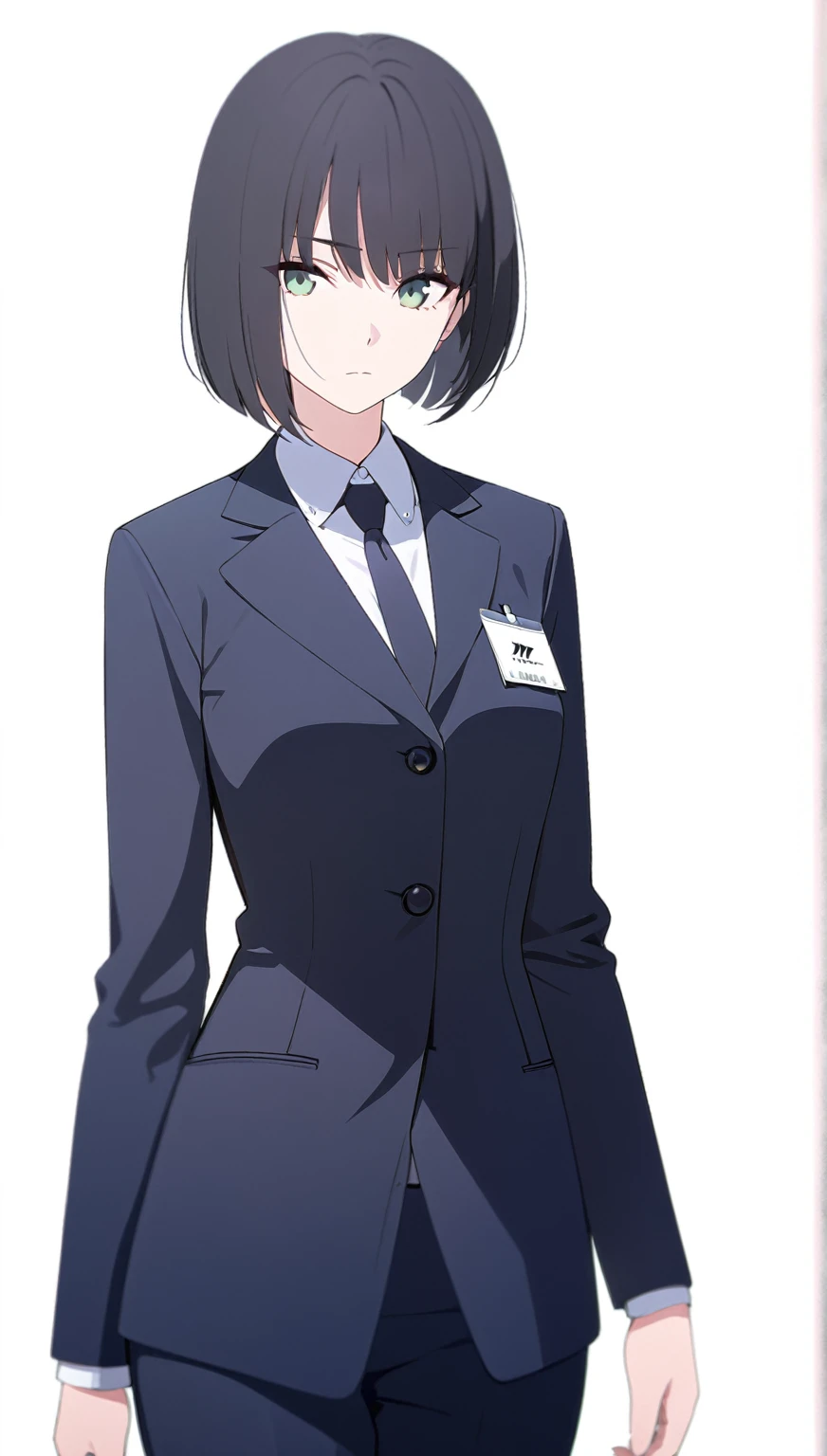 (masterpiece, high quality, best quality, highres,) One Woman, young, black hair, bob cut, Green Eyes, Athletic build, expressionless, closed mouth, office staff suit, Simple white background, standing, cowboy shot, from the front