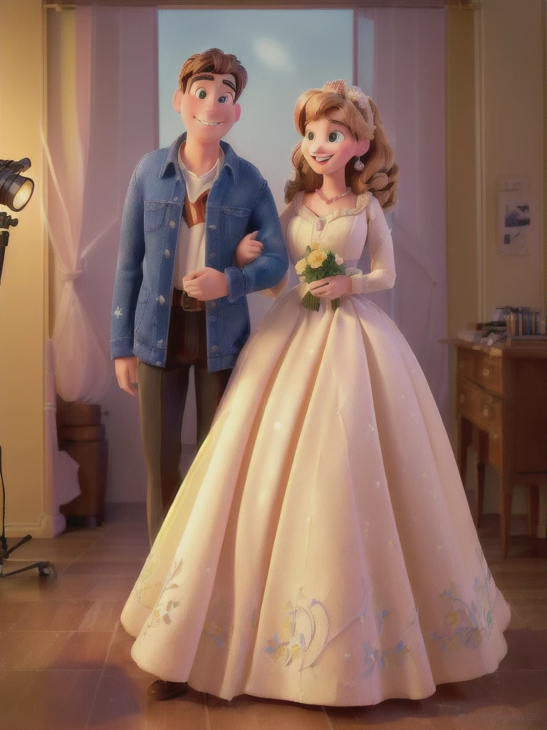 (best quality,high resolution,masterpiece:1.2), Disney Pixar style couple, Extremely detailed, (Practical,photoPractical,photo-Practical:1.37), Vibrant colors, Stage lighting