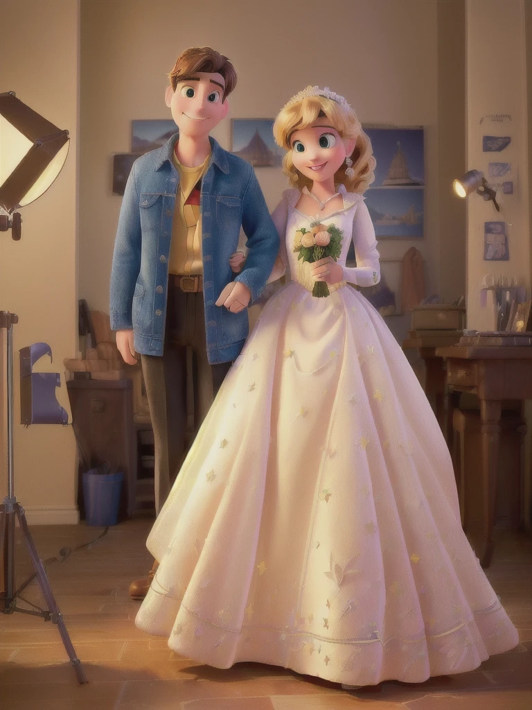 (best quality,high resolution,masterpiece:1.2), Disney Pixar style couple, Extremely detailed, (Practical,photoPractical,photo-Practical:1.37), Vibrant colors, Stage lighting