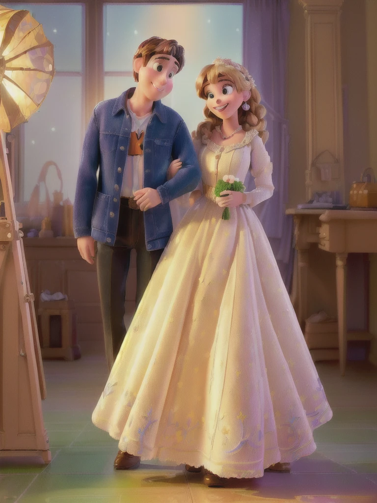 (best quality,high resolution,masterpiece:1.2), Disney Pixar style couple, Extremely detailed, (Practical,photoPractical,photo-Practical:1.37), Vibrant colors, Stage lighting