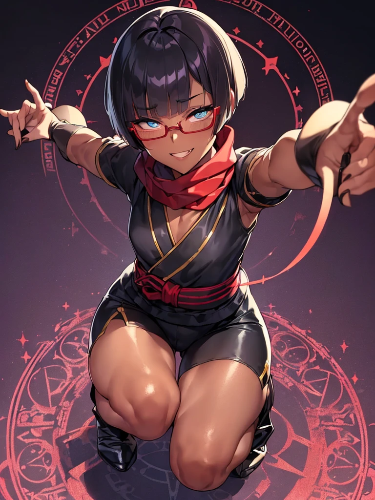 (flat chest), (masterpiece:1.2), highest quality, High resolution, unity 8k wallpaper, (fine and beautiful eyes:1.6), highly detailed face, perfect lighting, Detailed CG, (perfect hands, perfect anatomy), (1 boy solo:1.4), 20 years old, black hair, extremely beautiful detailfeminine face and eyes, (evil smile:1.4), detailed eyes, best quality,( dark skin:1.8), (turtleneck shirt under yukata:1.2), (bike shorts:1.2), extremely detailed, very precise detailed, (glasses:1.3), blunt bangs, open mouth, (very short pixie cut:1.2), boots,fingerless gloves, smile, (half closed eyes:1.3) ,(squat in magic circle on ground:1.1) ,night sky,long sidelocks,(long red Scarf),(yukata),(squatting),(squat:1.3),(one knee dwon:1.5),(Put one foot in front:1.3),(stylish pose:1.4),(Raise only index finger:1.1),(spread arms:1.2), (1990s \(style\)),(in magic circle on ground only:1.3),(from above:1.2),(open magic scroll by both hands:1.4),(have magic scroll:1.3)