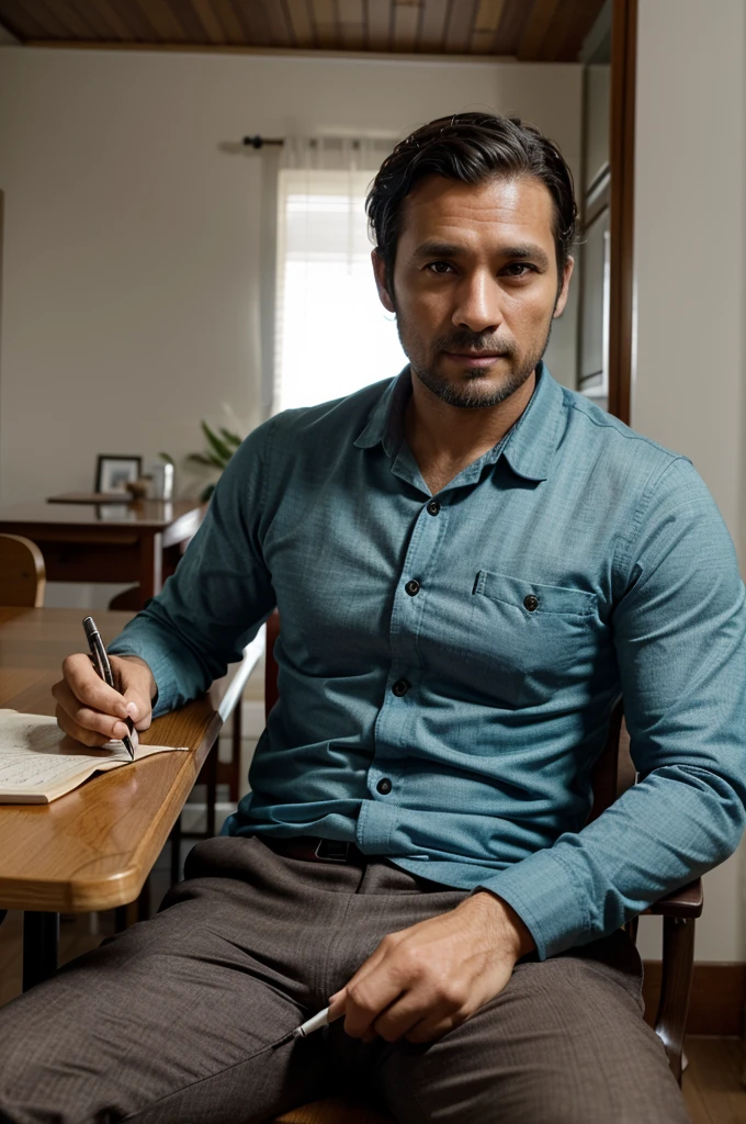 Menerjemahkan teks dengan kamera
a 39 year old masculine man wearing neat clothes sat in a chair in the room in front of the table while holding a pen and book
