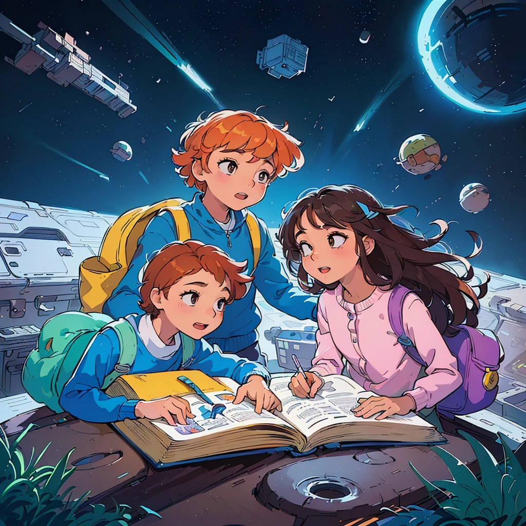 cartoon illustration of three children studying in a space station, kids book illustration, colorful kids book illustration, promotional art, children book illustration, childrenbook illustration, childrens book illustration, official illustration, children's book illustration, children’s book illustration, art cover illustration, childrens illustration, illustration for children, promotional image, official character illustration, cover illustration, children's illustration