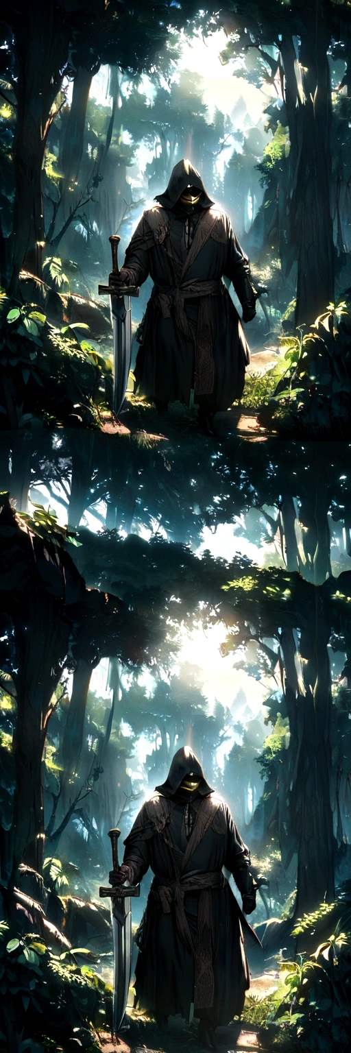 A man with a smiley face wearing a black robe and holding a sword with his bandit army behind him, set in a forest. Approaching perfection, Ultra detailed, smooth, 4K resolution.