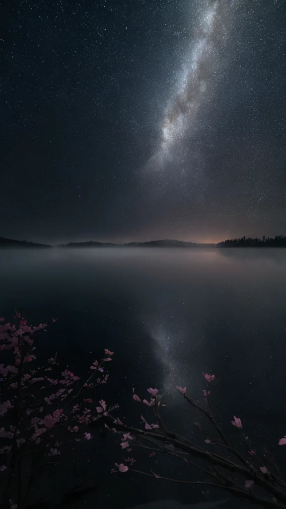 masterpiece of materpieces, PHOTOREALITIC, DENSE MIST. Smokey skies cast eerie light in the Anthropocene on a lake surrounded by cherry blossom trees, snow falling, enchanted forest, heavy mist and fog over the lake, fairy tale vibes, petals floating, dreamy looking, Sun burning like fire. Stars on the sky. PHOTOREALISTIC and cinematic. Nikon Z9