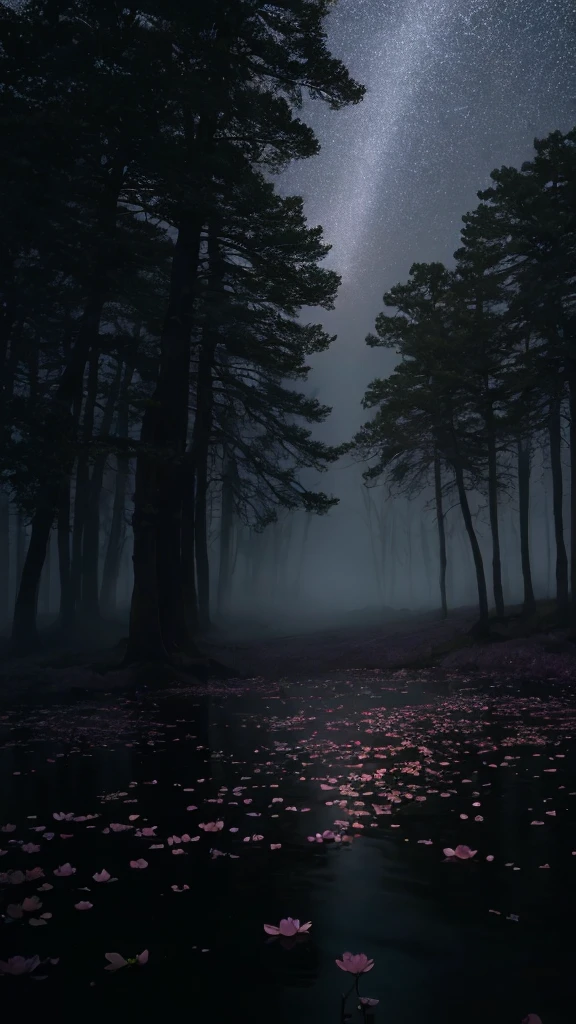 masterpiece of materpieces, PHOTOREALITIC, DENSE MIST. Smokey skies cast eerie light in the Anthropocene on a lake surrounded by cherry blossom trees, snow falling, enchanted forest, heavy mist and fog over the lake, fairy tale vibes, petals floating, dreamy looking, Sun burning like fire. Stars on the sky. PHOTOREALISTIC and cinematic. Nikon Z9