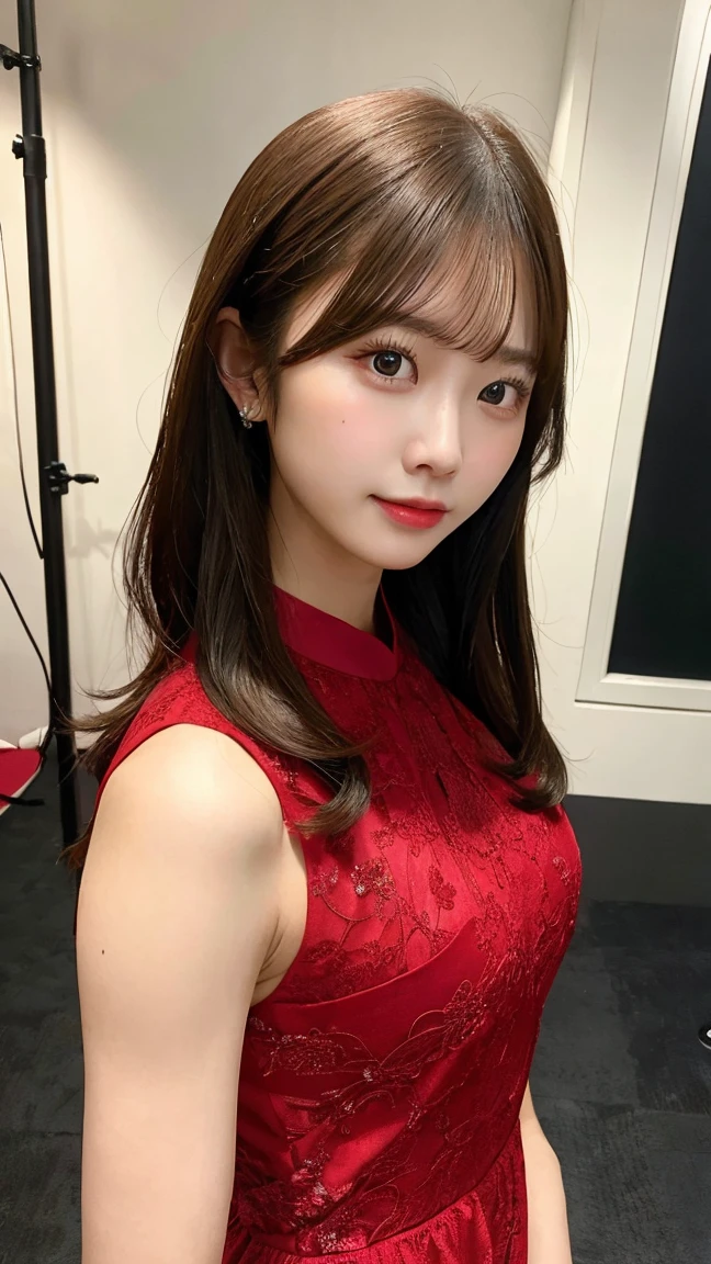 masterpiece, best quality, 1girl, wearing red dress, korean famous actress, highly detailed face, studio lighting, upper body