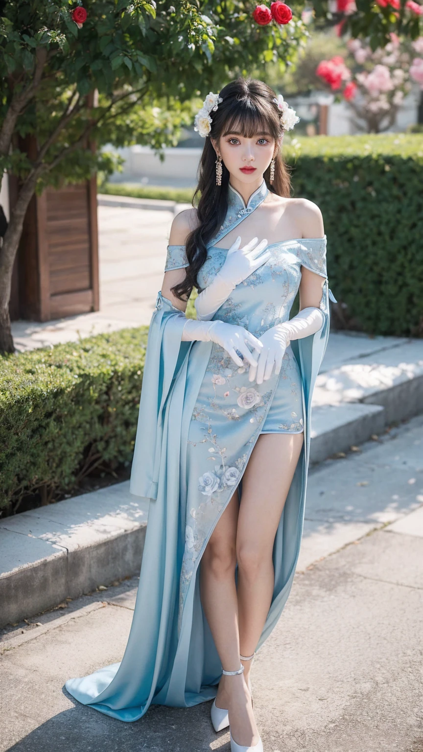 1 girl, (lo style: 1.5), bangs, lips, dress, long hair, blue eyes, high thighs, off shoulder, lo style Chinese dress, Chinese clothing, lipstick, realistic, rose, jewelry, earrings, curly hair, flower holding, gloves, elbow gloves, white gloves, makeup, white thighs, white hair, flower, standing,