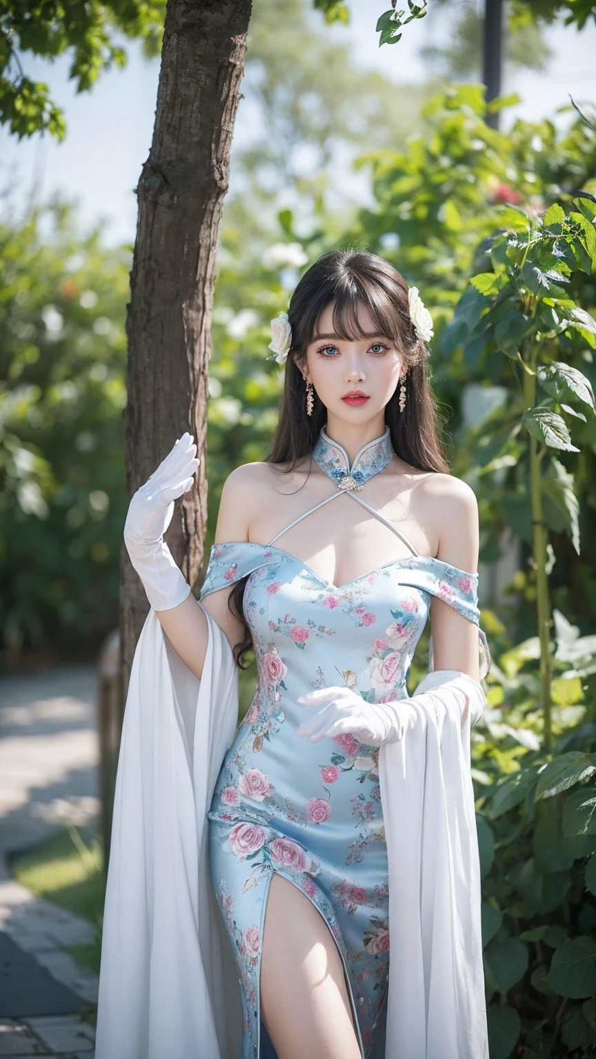 1 girl, (lo style: 1.5), bangs, lips, dress, long hair, blue eyes, high thighs, off shoulder, lo style Chinese dress, Chinese clothing, lipstick, realistic, rose, jewelry, earrings, curly hair, flower holding, gloves, elbow gloves, white gloves, makeup, white thighs, white hair, flower, standing,