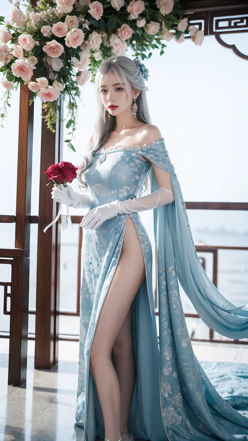 1 girl, (lo style: 1.5), bangs, lips, dress, long hair, blue eyes, high thighs, off shoulder, lo style Chinese dress, Chinese clothing, lipstick, realistic, rose, jewelry, earrings, curly hair, flower holding, gloves, elbow gloves, white gloves, makeup, white thighs, white hair, flower, standing,