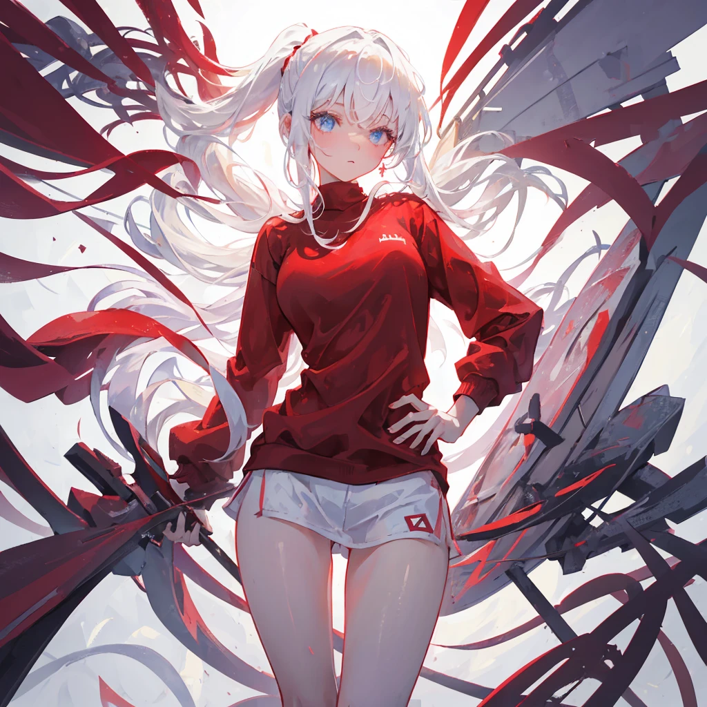 A girl with a high ponytail wearing a red sweatshirt,Beautiful figure,White hair,((Pure white background))