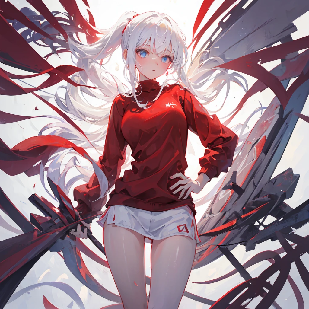 A girl with a high ponytail wearing a red sweatshirt,Beautiful figure,White hair,((Pure white background))