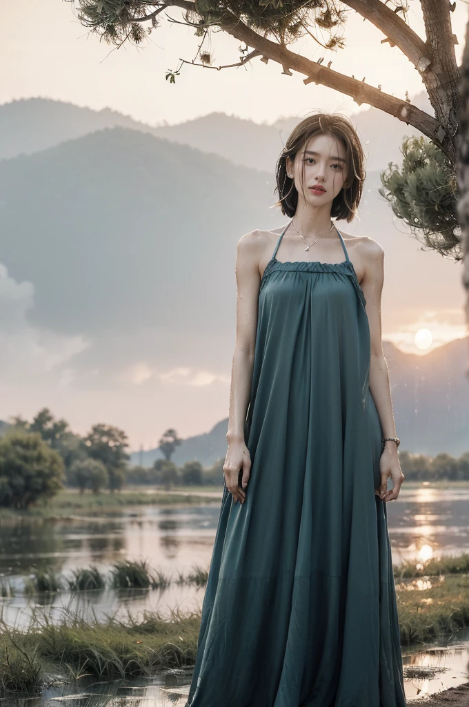 (((best quality))),(((ultra detailed))),(((masterpiece))),illustration,((1 beautiful girl,solo)),((slim,thin,flat chest)),(shoulder length straight bob hair:1.2),flowing hair,fair skin,(shiny skin:1.3),sparkling eyes,laughing,(halter blue sundress:1.3),delicate necklace,grass,dewdropletts,trees,bird chirping,serenity,gratitude,awe,wonders of nature,peace,contentment,magnificent world,summer,(pitch-dark dawn:1.5),(night scene:1.3),upper body,from front,after rain,(wet:1.3),standing,on the path,confident gaze,elegant posture,mysterious atmosphere,solemn mood,dawn approaching,detailed decorations,(sunrise:1.3),rainbow,(Rural Landscape:1.2)