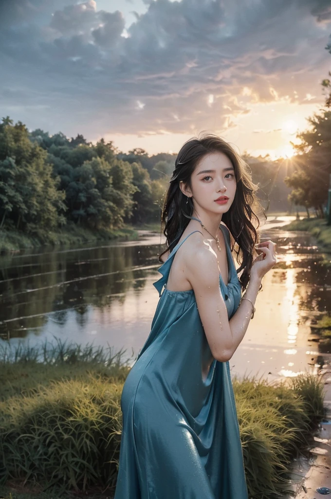 (((best quality))),(((ultra detailed))),(((masterpiece))),illustration,((1 beautiful girl,solo)),((slim,thin,flat chest)),(shoulder length straight bob hair:1.2),flowing hair,fair skin,(shiny skin:1.3),sparkling eyes,laughing,(halter blue sundress:1.3),delicate necklace,grass,dewdropletts,trees,bird chirping,serenity,gratitude,awe,wonders of nature,peace,contentment,magnificent world,summer,(pitch-dark dawn:1.5),(night scene:1.3),upper body,from front,after rain,(wet:1.3),standing,on the path,confident gaze,elegant posture,mysterious atmosphere,solemn mood,dawn approaching,detailed decorations,(sunrise:1.3),rainbow,(Rural Landscape:1.2)