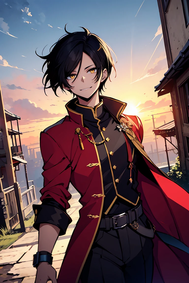 hui xiyi, rekkyou sensen, rekkyo sensen, black hair, yellow eyes, boy, male, red clothes, chinese clothes, long sleeves, belly button, black pants, background with((fantasy world, ruin, castle, beautiful sky, shining sky, sunshine))