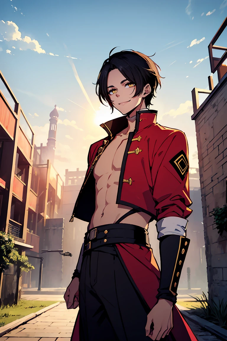 hui xiyi, rekkyou sensen, rekkyo sensen, black hair, yellow eyes, boy, male, red clothes, chinese clothes, long sleeves, belly button, black pants, background with((fantasy world, ruin, castle, beautiful sky, shining sky, sunshine))