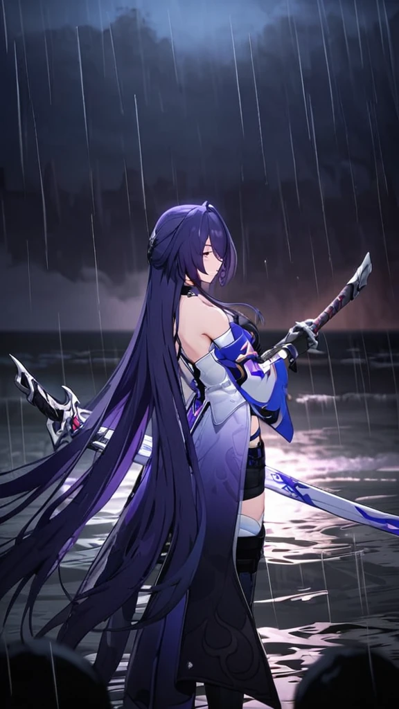 ((masterpiece)),((Highest quality)),High resolution,Extremely detailed CG,Perfect lighting,8k wallpaper,
One Girl,Acheron \(Honkai: Star Rail\),Purple Hair,Very long hair,Purple eyes,Look at the audience,black sea 水,rain,、Holding a sword、Dark Background
