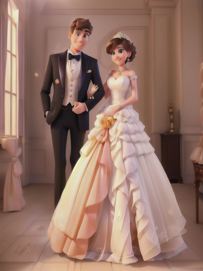 A man and a woman in formal attire pose for a photo, wedding, Cute couple, Elegant couple, portrait,(best quality,high resolution,masterpiece:1.2), Disney Pixar style couple, Extremely detailed, (Practical,photoPractical,photo-Practical:1.37), Vibrant colors, Stage lighting
