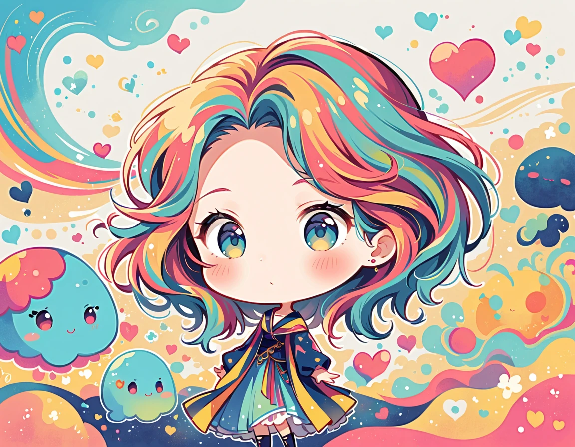 Mai Yoneyama style, Simple Line Initialism，Abstract art，Urban Background, colorful hearts ,(((The most beautiful girl of all time))), (((chibi))), (((Cute amoeba)))