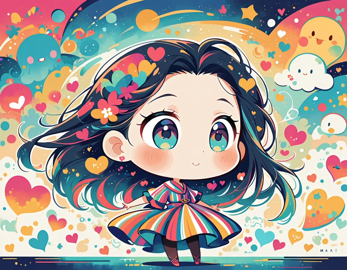Mai Yoneyama style, Simple Line Initialism，Abstract art，Urban Background, colorful hearts ,(((The most beautiful girl of all time))), (((chibi))), (((Cute amoeba)))