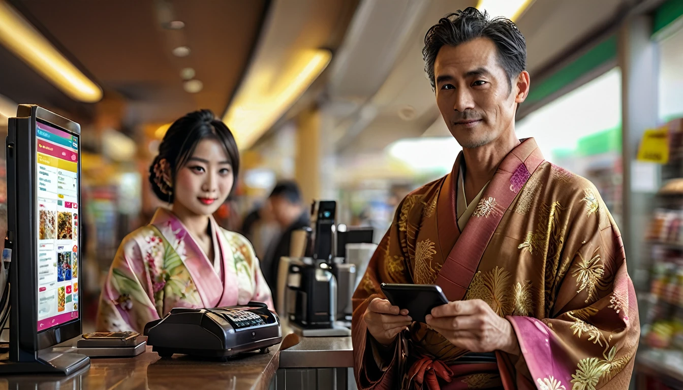 A middle-aged man paying at a convenience store cash register by showing a photo on his smartphone. The man is wearing a plain brown Japanese kimono, full body, wide angle, 4K (man) high resolution, sharp focus, (ultra detailed, highly detailed), (photorealistic artwork: 1.37), (highly detailed CG Unity 8k wallpaper), (((vibrant colors, vibrant theme))), (intricate), (masterpiece), (best quality), art photography, (photo by sldr), (intricate background), perfectly rendered face, perfect facial details, realistic face, photorealistic, ((intricate details)), (((realism))), full body, wide field of view,