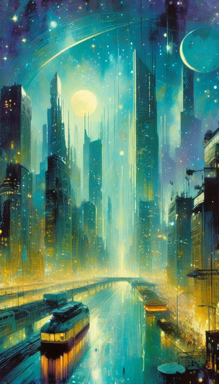 the future big city, many details,magic, fantastic, night sky, moon, stars, background, (art inspired by Bill Sienkiewicz). oil painting)