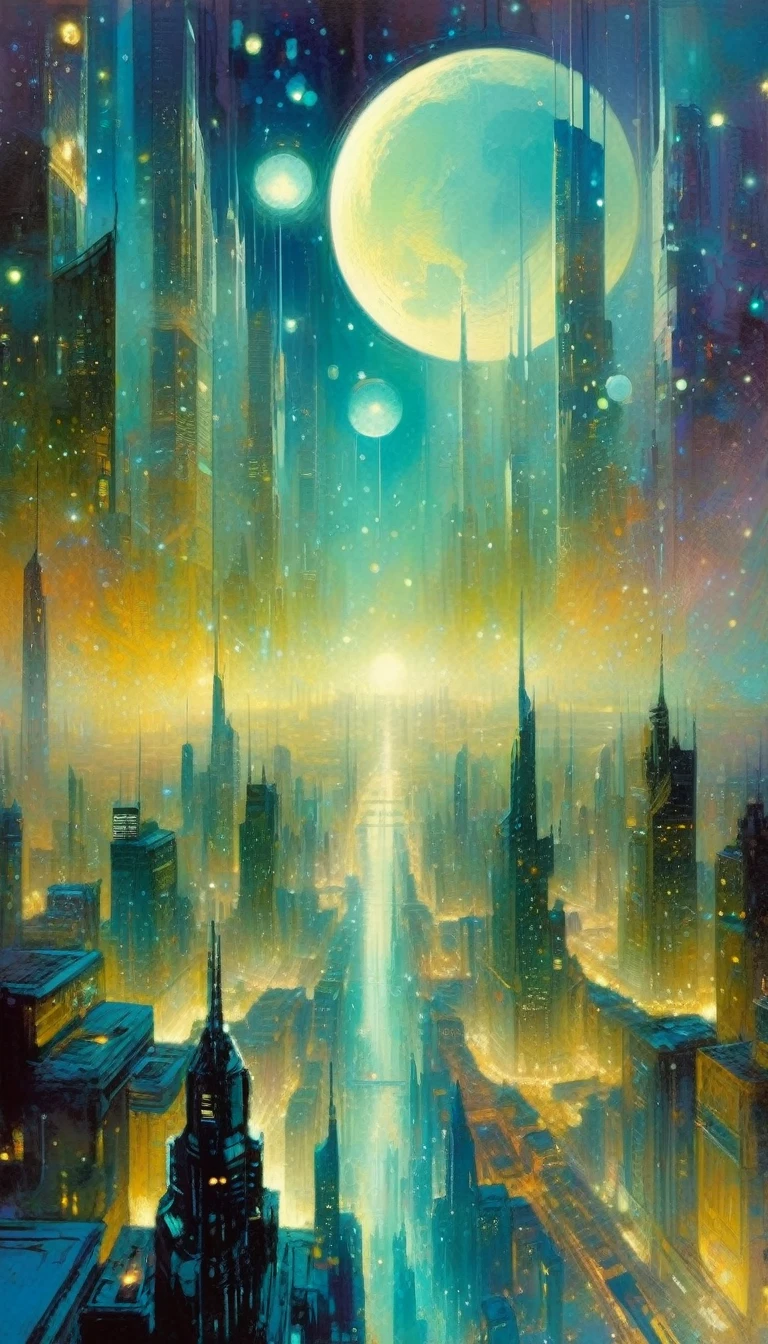 the future big city, many details,magic, fantastic, night sky, moon, stars, background, (art inspired by Bill Sienkiewicz). oil painting)