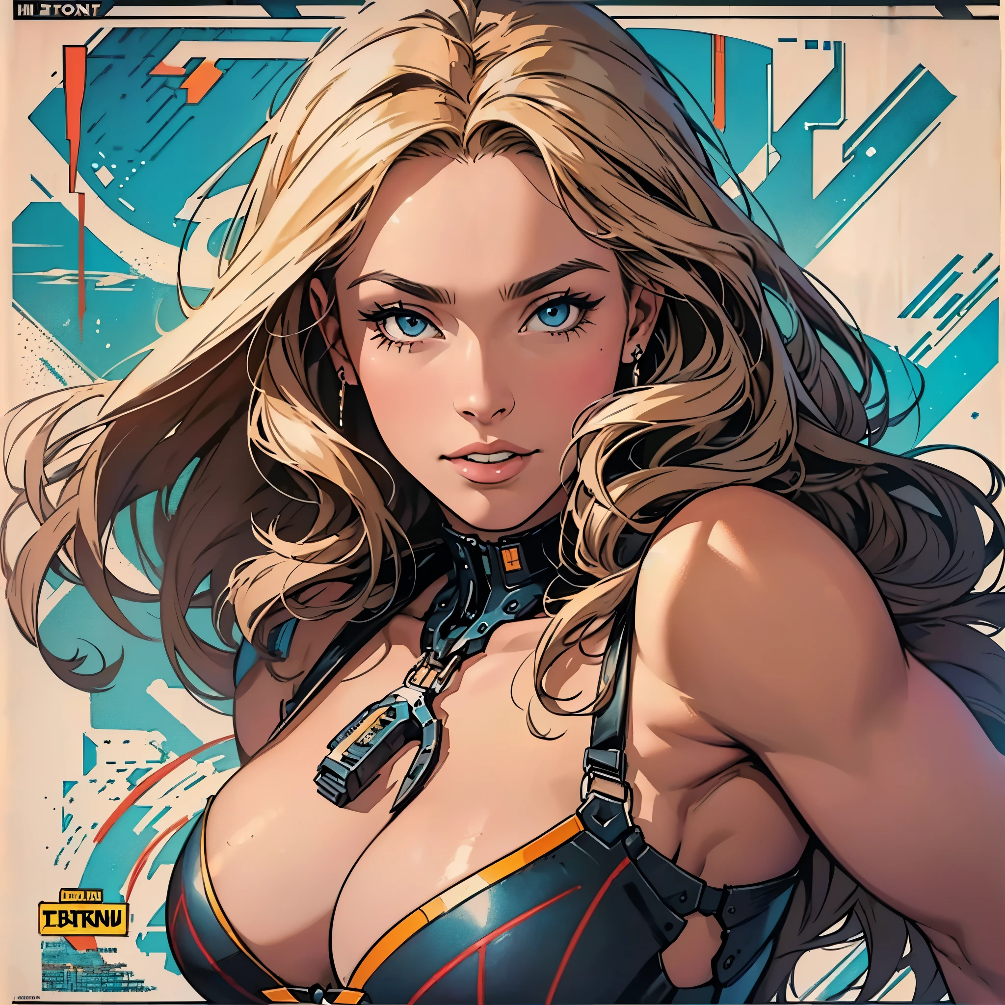 (((ultimate best quality))),(((solo:1.2))),(((1girl:1.2))),((((beautiful perfect woman)))),(((detailed perfect body, detailed perfect finger))),((((((ultimate movie poster)))))),(((bust up, close up))),((((detailed complicated machine)))),(((((genius mechanical))))),(((American comics))),(((extreme highlights))),(((Extremely colorful, primary colors))),cleavage, super beautiful lady,(((typography))),text