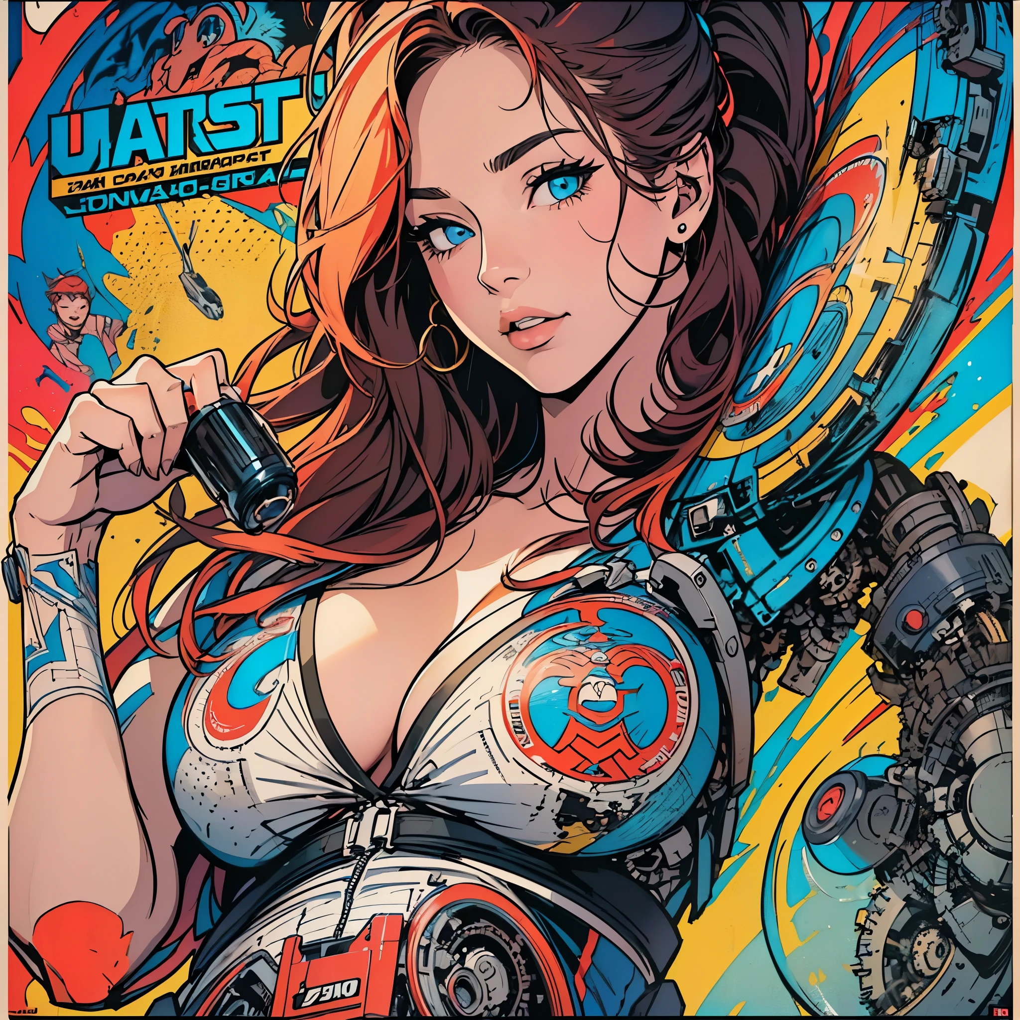 (((ultimate best quality))),(((solo:1.2))),(((1girl:1.2))),((((beautiful perfect woman)))),(((detailed perfect body, detailed perfect finger))),((((((ultimate movie poster)))))),(((bust up, close up))),((((detailed complicated machine)))),(((((genius mechanical))))),(((American comics))),(((extreme highlights))),(((Extremely colorful, primary colors))),cleavage, super beautiful lady,(((typography))),text