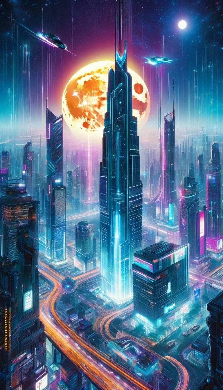 a futuristic cyberpunk city at night, towering skyscrapers, neon lights, flying cars, holographic advertisements, a full moon in the starry sky, intricate details, fantasy elements, magic, surreal, cinematic, (best quality,4k,8k,highres,masterpiece:1.2),ultra-detailed,(realistic,photorealistic,photo-realistic:1.37),oil painting,inspired by Bill Sienkiewicz