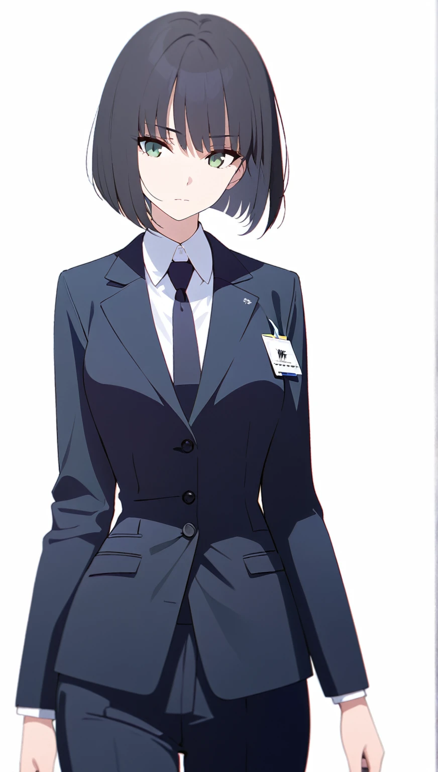(masterpiece, high quality, best quality, highres,) One Woman, young, black hair, bob cut, Green Eyes, Athletic build, expressionless, closed mouth, office staff suit, Simple white background, standing, cowboy shot, from the front