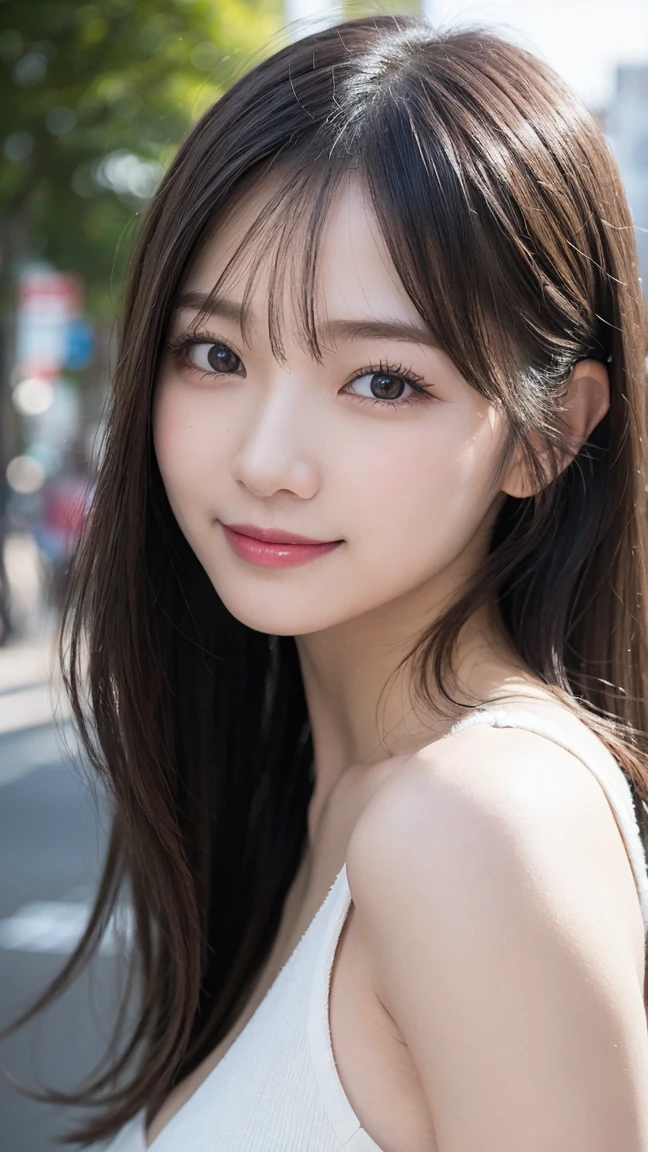 In detail, High resolution, high quality、Perfect dynamic composition, Beautiful attention to detail, Medium Hair,Natural color lip,Kamimei、Shibuya Ward、20-year-old girl、1 person、Clear Skin、Shiny Hair、Tabletop, 最high quality, figure, Super detailed, In detail, High resolution, 8K、The correct state of the human body、Random pose、Sculpture model pose，Hair dancing in the wind、Hair length,big ，hugeな胸の谷間, Bold sexy pose,huge 、Close-up of face、smile、Smiling