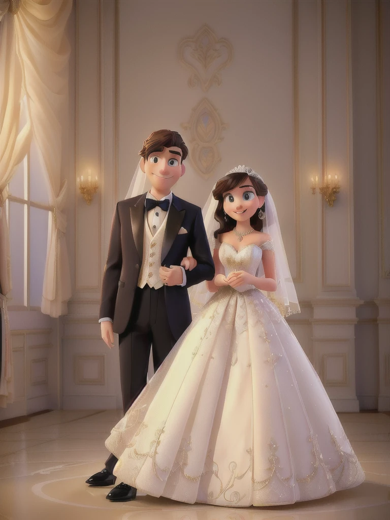 A man and a woman in formal attire pose for a photo, wedding, Cute couple,  Elegant couple, portrait，(best quality,high resolution,masterpiece:1.2), Disney Pixar style couple, Extremely detailed, (Practical,photoPractical,photo-Practical:1.37), Vibrant colors, Stage lighting